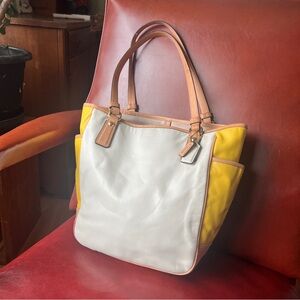 Coach Park Color Block White and Yellow Leather F23683 Shoulder Tote